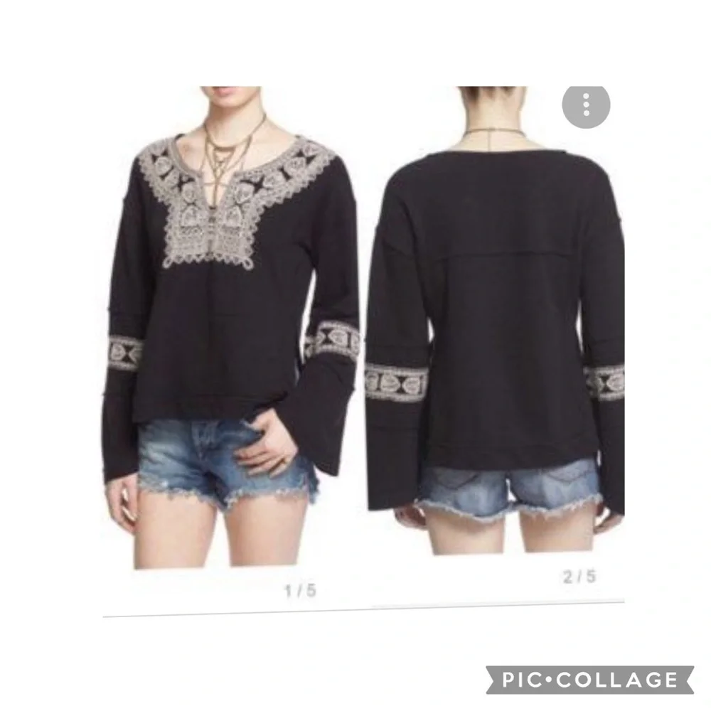Free People Santa Maria Boho Embroidered Knit Pull-Over Top Size XS